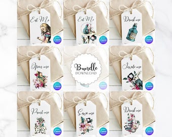 Alice in Wonderland Floral Gift Tags | Editable Party Favor Bundle (Canva Template)