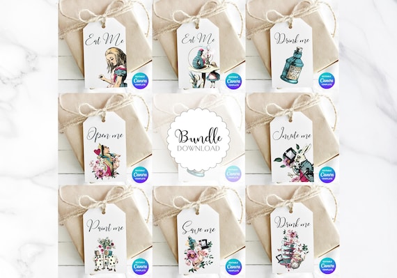 Alice in Wonderland Floral Gift Tags | Editable Party Favor Bundle (Canva Template)