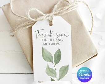 Eucalyptus Thank You Tag Template | Thank You For Helping Me Grow | Editable Canva Gift Tag | Teacher Gift Tag | Small Business Packaging