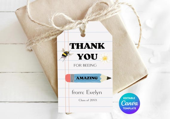 Thank You For Being Amazing Teacher Gift Tag Template | Bee & Pencil Thank You Tag | Editable Canva Printable Teacher Appreciation Gift