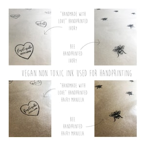 May include: Two samples of wrapping paper, one ivory and one brown, with hand-printed designs. The ivory paper has a heart with the text "handmade with love" and a bee. The brown paper has the same heart design and a bee. The text "VEGAN NON TOXIC INK USED FOR HANDPRINTING" is printed below the samples.