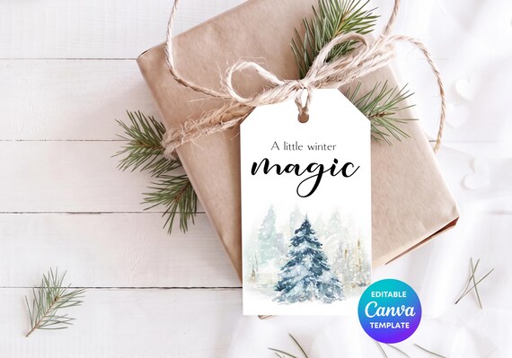 A Little Winter Magic Gift Tag Canva Template | Watercolour Pine Tree Gift Tag | Editable Winter Tag | Christmas Printable