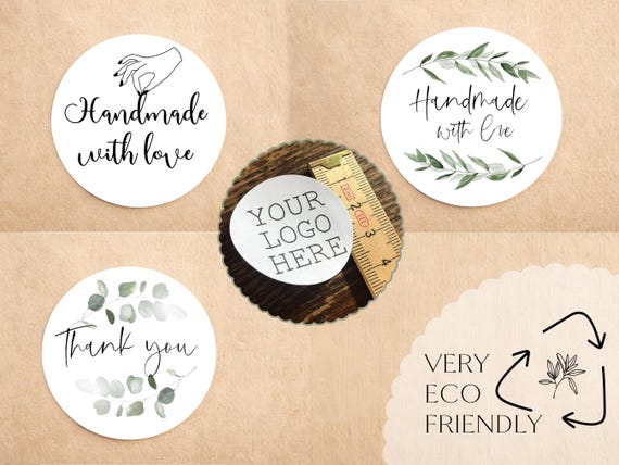 Eco friendly custom logo sticker, sustainable bespoke circular stickers, round personalised label, circular white stickers, 35pk