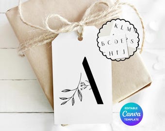 Minimalist Botanical Gift Tag Printable | Black Floral Gift Label | Editable Canva Gift Tag | Simple Nature Inspired Gift Tag | Alphabet A-Z