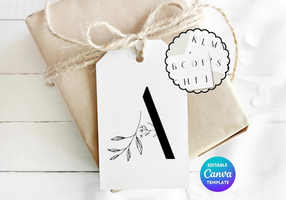 Minimalist Botanical Gift Tag Printable | Black Floral Gift Label | Editable Canva Gift Tag | Simple Nature Inspired Gift Tag | Alphabet A-Z
