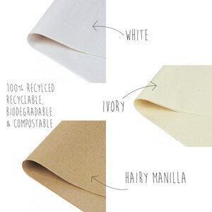 May include: Close-up of three different types of tissue paper: white, ivory, and hairy Manila. The tissue paper is 100% recycled, recyclable, biodegradable, and compostable.