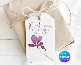Purple Floral Thank You Gift Tag Template | Simple Floral Teacher Gift Tag | Thank You For Helping Me Grow (Editable Canva Template)