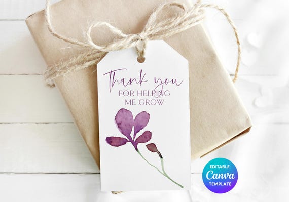 Purple Floral Thank You Gift Tag Template | Simple Floral Teacher Gift Tag | Thank You For Helping Me Grow (Editable Canva Template)