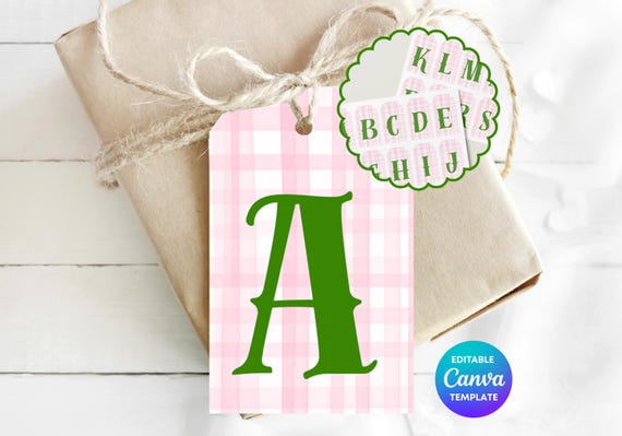 Pink Gingham Gift Tag Template | Bright Green Personalised Gift Tag | Editable Canva Gift Label | Retro Colourful Gift Tag | Printable Tag