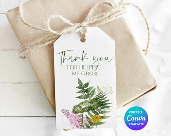 Fern Thank You For Helping Me Grow Teacher Gift Tag Template | Printable Botanical Teacher Appreciation Tag | Editable Canva Teacher Tag