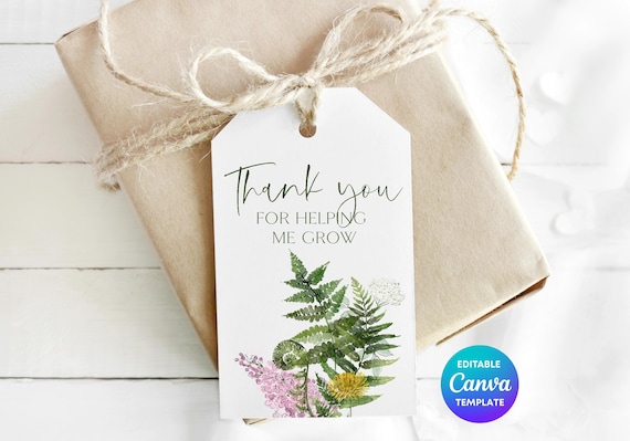 Fern Thank You For Helping Me Grow Teacher Gift Tag Template | Printable Botanical Teacher Appreciation Tag | Editable Canva Teacher Tag