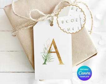 Personalised Initial Gift Tag Template | Gold Monogram Printable Gift Tag | Editable Canva Botanical Letter Gift Label | Alphabet Gift Tag