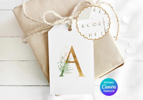 Personalised Initial Gift Tag Template | Gold Monogram Printable Gift Tag | Editable Canva Botanical Letter Gift Label | Alphabet Gift Tag
