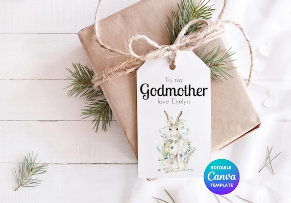 Godmother Christmas Gift Tag Canva | Winter Hare Gift Tag | Personalised Editable Gift Label | Woodland Printable