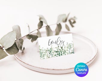 Eucalyptus Place Card Template | Editable Wedding Name Card Canva Template | Printable Guest Seating Cards | Greenery Wedding Table Decor