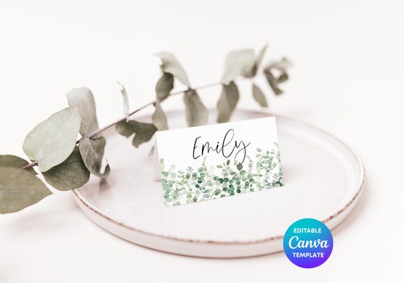 Eucalyptus Place Card Template | Editable Wedding Name Card Canva Template | Printable Guest Seating Cards | Greenery Wedding Table Decor