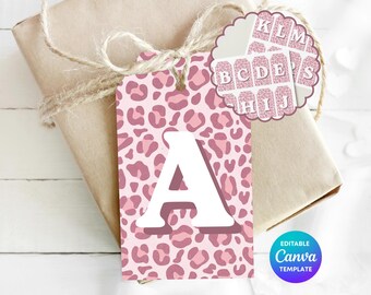 Pink Leopard Print Gift Tag Template | Personalised Initial Tag | Editable Canva Monogram Gift Label | Retro Preppy Gift Tag | Printable