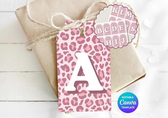 Pink Leopard Print Gift Tag Template | Personalised Initial Tag | Editable Canva Monogram Gift Label | Retro Preppy Gift Tag | Printable