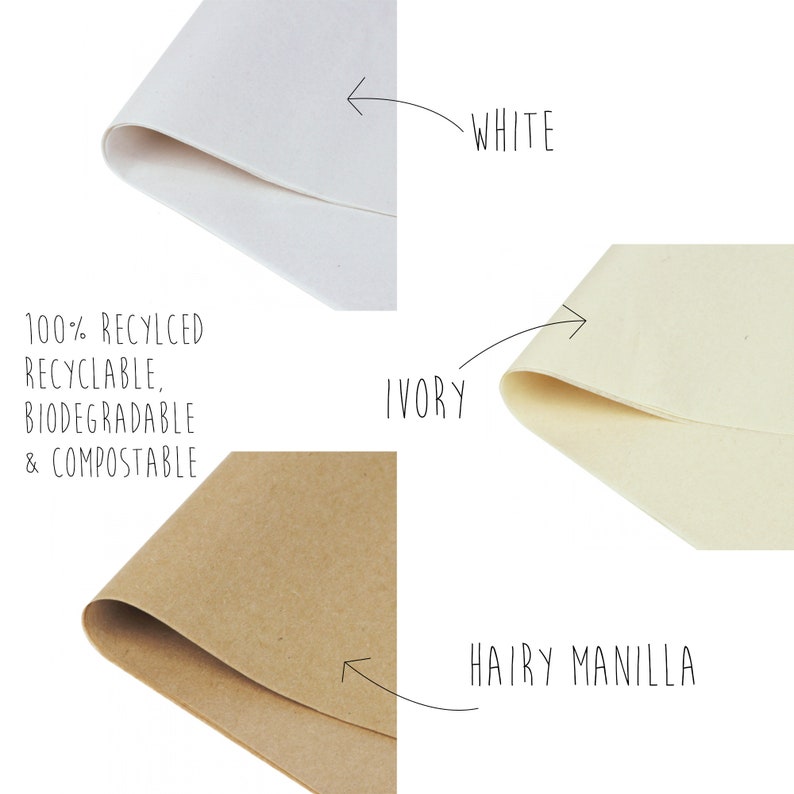 May include: Close-up of three different types of tissue paper: white, ivory, and hairy Manila. The tissue paper is 100% recycled, recyclable, biodegradable, and compostable.