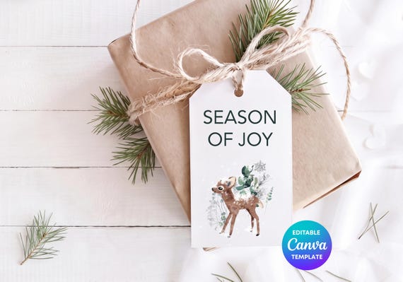 Season of Joy Gift Tag Canva Template | Winter Fawn Gift Tag | Editable Christmas Gift Tag | Printable Winter Label