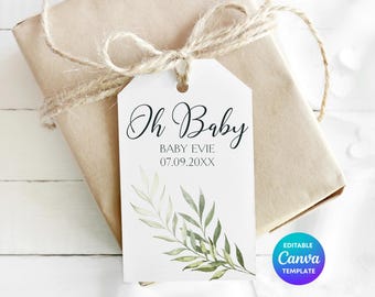 Botanical Baby Shower Gift Tags, Eucalyptus Favor Tags, Neutral Decor (Digital Download)