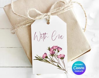 With Love Gift Tag Template | Printable Purple Floral Gift Label | Editable Canva Thank You Tag | Minimal Botanical Gift Tag