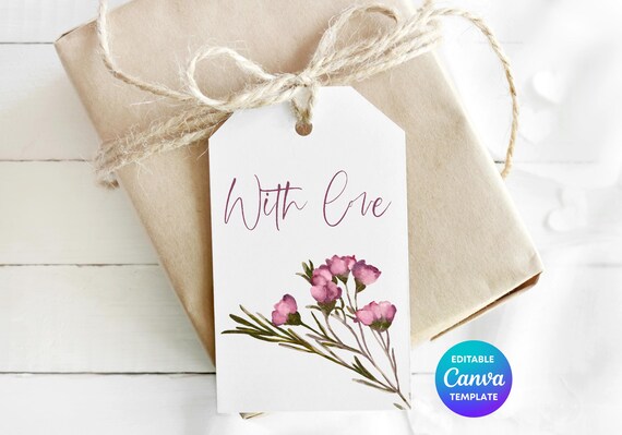 With Love Gift Tag Template | Printable Purple Floral Gift Label | Editable Canva Thank You Tag | Minimal Botanical Gift Tag