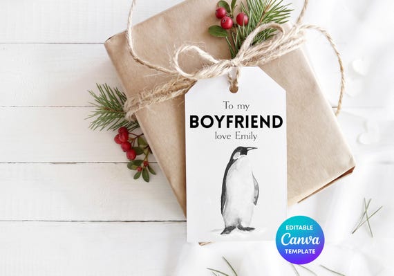 Personalised Boyfriend Gift Tag Canva Template | Penguin Gift Tag | Cute Editable Gift Tag | Printable Gift Label | Winter Gift