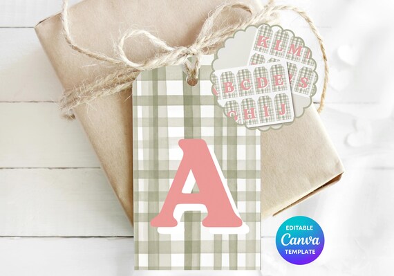 Green Gingham Gift Tag Template | Pink Personalised Gift Tag | Editable Canva Gift Label | Colourful Retro Gift Tag | Printable Gift Wrap