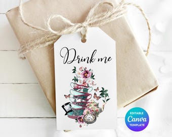 Alice in Wonderland Teacup Gift Tag | Editable Tea Party Favor (Canva Template)