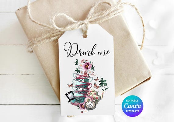 Alice in Wonderland Teacup Gift Tag | Editable Tea Party Favor (Canva Template)