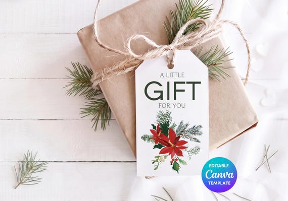 A Little Gift For You Gift Tag Canva Template | Poinsettia Gift Tag | Editable Christmas Gift Tag | Printable Winter Label