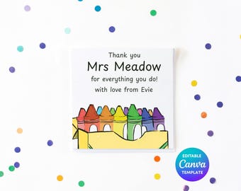 Tarjeta de agradecimiento editable para profesores / Tarjeta para profesores con crayones / Descarga digital para el mejor profesor del mundo