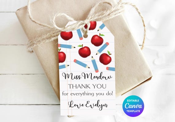 Apple & Pencil Teacher Gift Tag Template | Printable Teacher Gift Tag | Editable Canva Teacher Appreciation Gift Label | School Pattern Tag