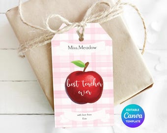 Best Teacher Ever Apple Gift Tag Template | Printable Teacher Thank You Tag | Editable Canva Teacher Appreciation Gift | Teacher Tag