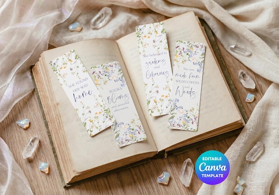Set of 4 Floral Bookmark Templates | Printable Book Lover Bookmarks | Cottagecore Reading Gift | Wildflower Quotes Bookmark | Editable Canva