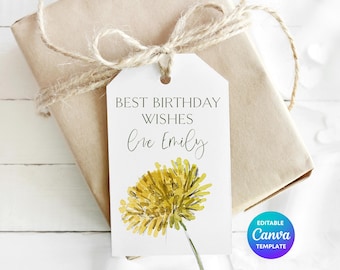Best Birthday Wishes Dandelion Gift Tag Template | Printable Floral Birthday Gift Tag | Editable Canva Botanical Birthday Label