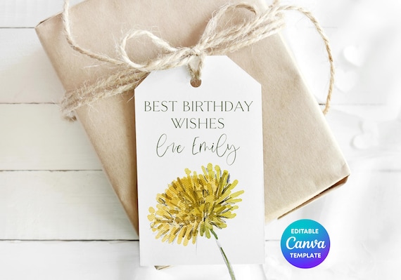 Best Birthday Wishes Dandelion Gift Tag Template | Printable Floral Birthday Gift Tag | Editable Canva Botanical Birthday Label