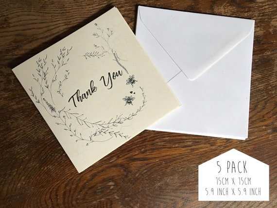Eco friendly Thank you cards, pack of 5 recycled cards bee design cards made from citrus remnants, recycled thank you cards
