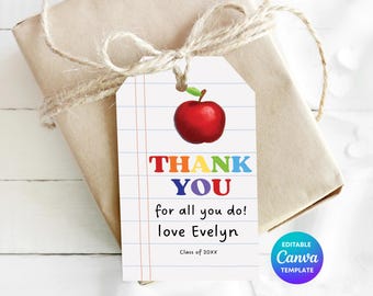 Teacher Notebook Apple Gift Tag Template | Printable Teacher Thank You Tag | Editable Canva Teacher Appreciation Gift | Term End Teacher Tag