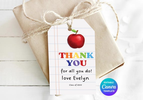 Teacher Notebook Apple Gift Tag Template | Printable Teacher Thank You Tag | Editable Canva Teacher Appreciation Gift | Term End Teacher Tag