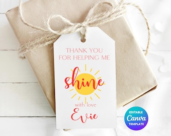 Thank You For Helping Me Shine Gift Tag Template | Sun Teacher Appreciation Tag Printable | Editable Canva End of Term Teacher Gift