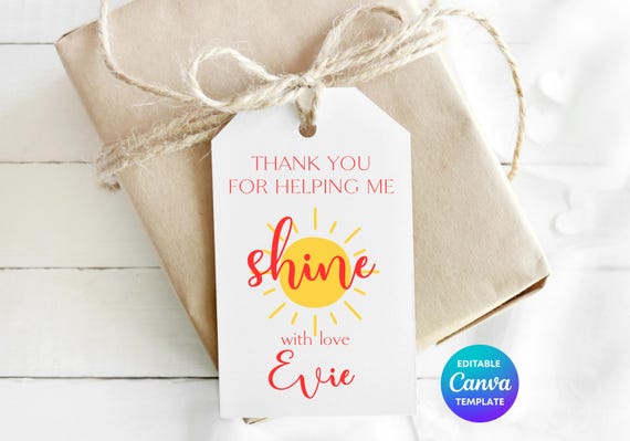 Thank You For Helping Me Shine Gift Tag Template | Sun Teacher Appreciation Tag Printable | Editable Canva End of Term Teacher Gift