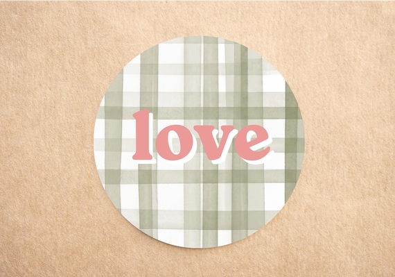 Green Gingham Love Stickers | Pink Lettering Gift Stickers | Personalised Labels | Green & Pink Gift Wrap Stickers | Printed Sticker