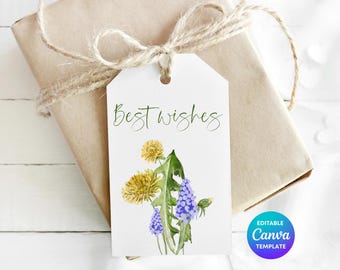 Best Wishes Dandelion Gift Tag Template | Printable Floral Gift Tag | Editable Canva Good Luck & Thank You Label | Botanical Tag