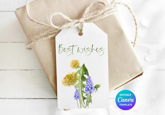 Best Wishes Dandelion Gift Tag Template | Printable Floral Gift Tag | Editable Canva Good Luck & Thank You Label | Botanical Tag