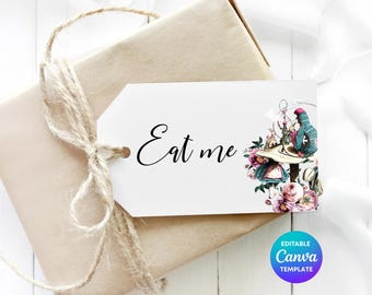 Alice in Wonderland Caterpillar Floral Gift Tag | Editable Garden Party Favor (Canva Template)