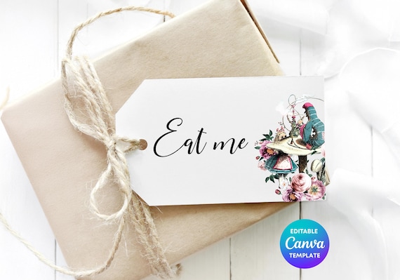 Alice in Wonderland Caterpillar Floral Gift Tag | Editable Garden Party Favor (Canva Template)