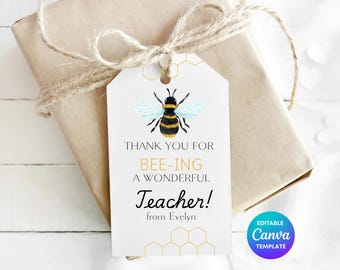 Thank You For Beeing A Wonderful Teacher Gift Tag Template | Bee Teacher Thank You Tag | Editable Canva Printable Teacher Appreciation Gift