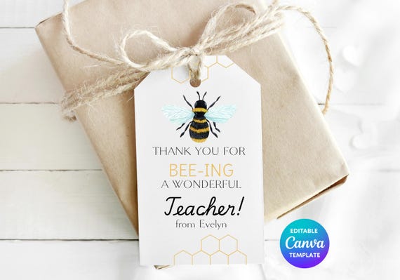 Thank You For Beeing A Wonderful Teacher Gift Tag Template | Bee Teacher Thank You Tag | Editable Canva Printable Teacher Appreciation Gift